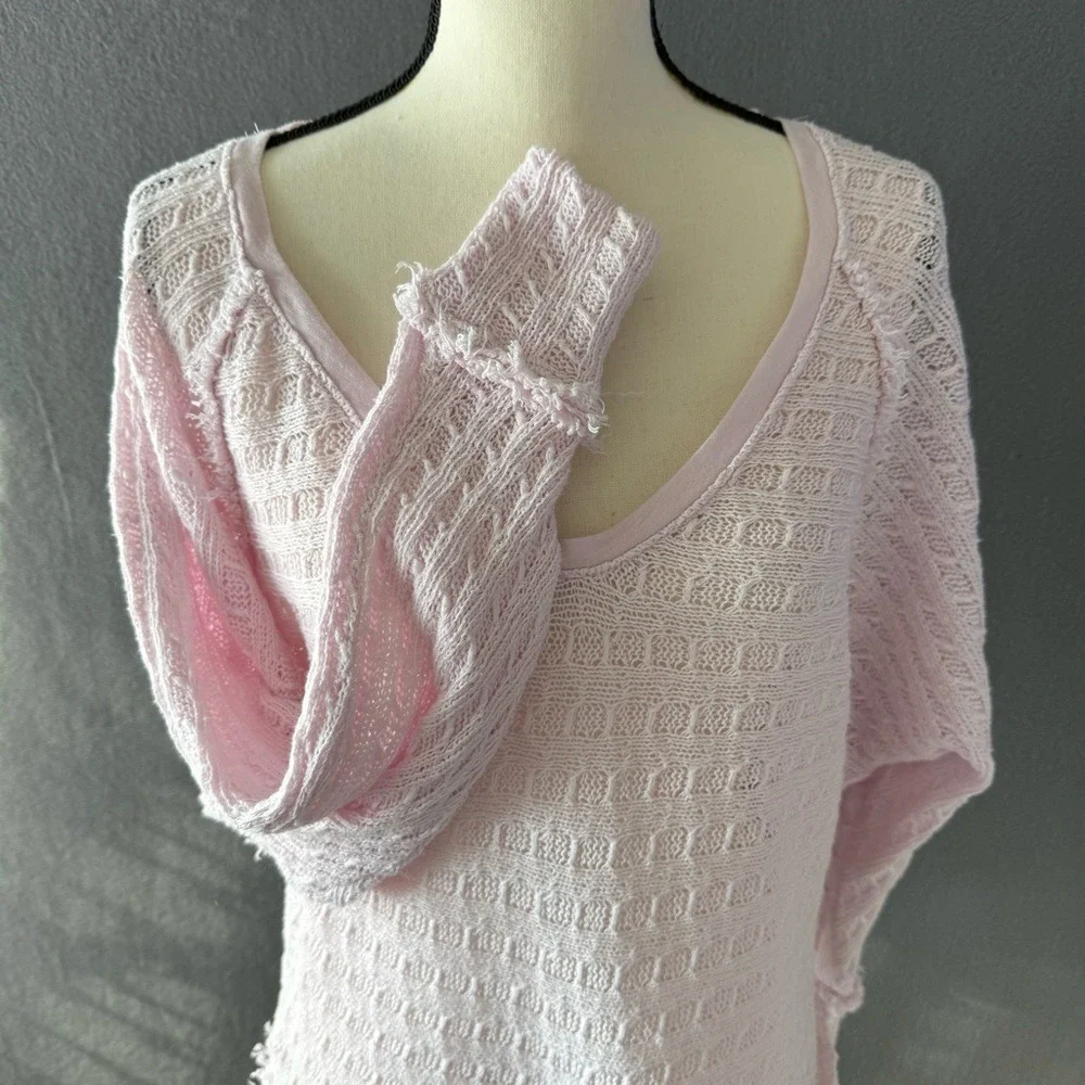 We The Free Free People Pink Waffle Knit Dolman Sweater Raw Hem Boho Extra Small